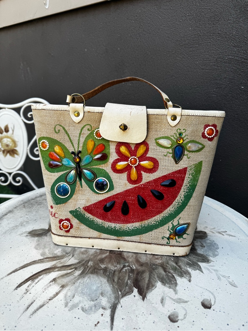 Vintage Enid Collins hand painted tote bag with watermelon and butterflies